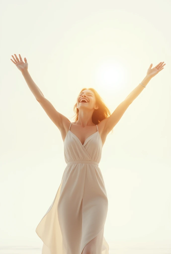 woman celebrating with hands up in white environment