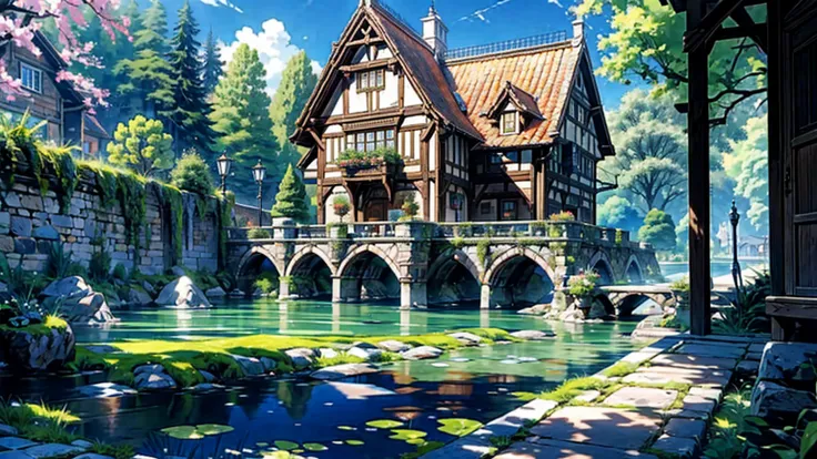 The stone-paved garden of this half-timbered stone mansion has a shallow waterway with clear water flowing through it.、Beautiful windows、Moss green roof、A shallow waterway made of white stones、(((Outdoor)))