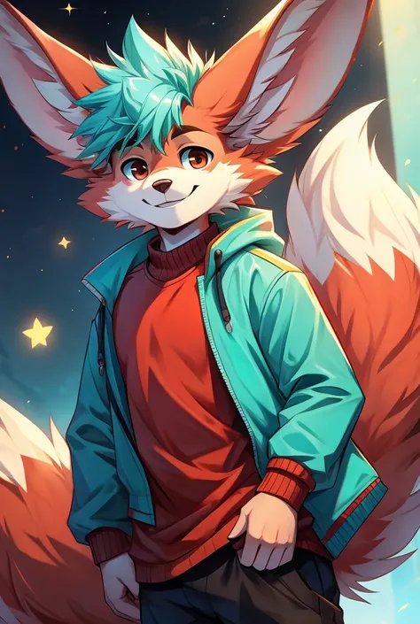 A Red male Furry who has a very fluffy tail and with kinda big ears and a big fluff on his forehead and smiling and is wearing a cyan jacket