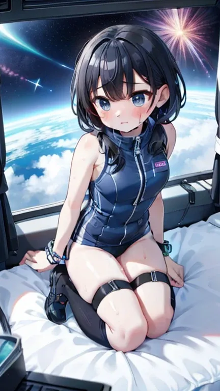 (Best Quality), (masterpiece), 1080P, High resolution, 4K, 8k, Inside the space station、Futuristic room、Thigh straps, Shooting from directly below, The woman on top of me, 白いsweat, Covered , sweat, Woman looking down, Skirt swimsuit, Thigh-high socks, To a...