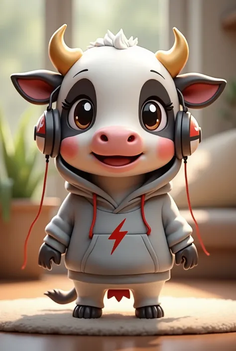 chibi cow, (masterpiece, High details, The best quality, High resolution, 8K), Headphones hanging from his neck, The earmuffs have a Pokéball branding..., He wears a silver hoodie with a lightning bolt symbol on the chest..., smile:1.3, home