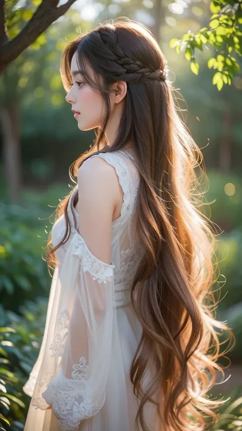 a beautiful woman facing away,long wavy hair,cute face profile view,ethereal glowing skin,delicate facial features,elegant posture,soft warm lighting,detailed intricate ornate background,fantasy magical atmosphere,pastel color palette,cinematic composition...