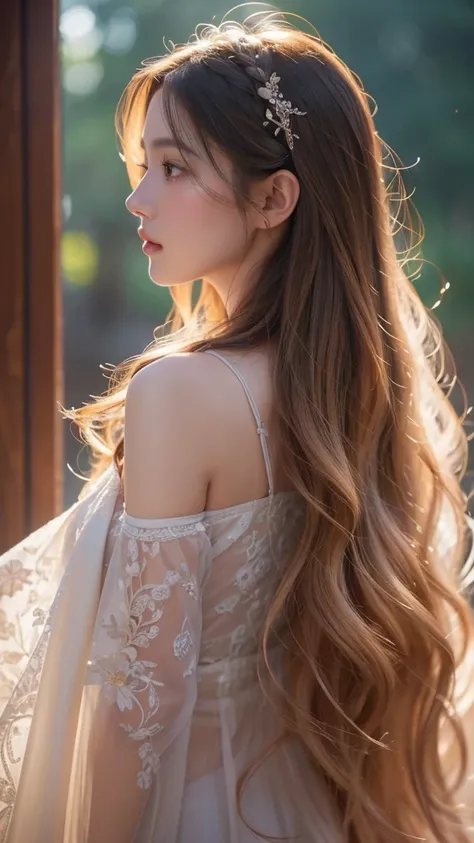 a beautiful woman facing away,long wavy hair,cute face profile view,ethereal glowing skin,delicate facial features,elegant posture,soft warm lighting,detailed intricate ornate background,fantasy magical atmosphere,pastel color palette,cinematic composition...