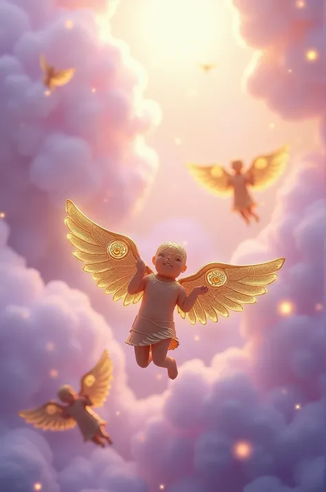 A light purple background, with multiple golden biblically accurate small angels flying around