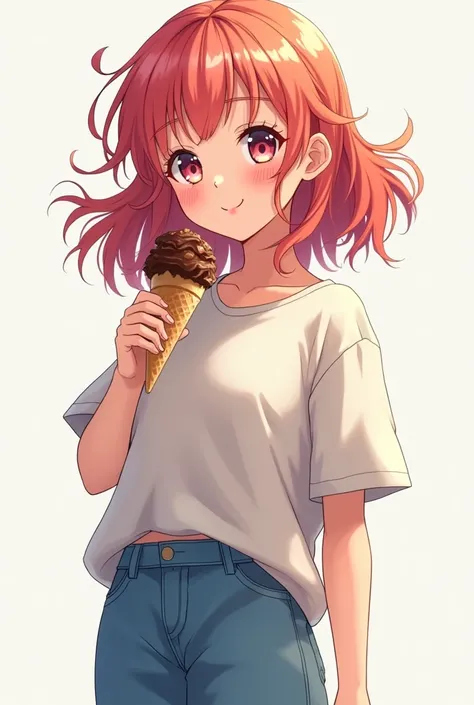 a Beautiful thirteen year old anime girl with poofy hair wearing a shirt with baggy jeans and shoes, holding a chocolate ice cream 