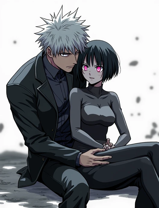 Screenshot from the My hero academia: image depicts a couple in an intimate and relaxed position. The girl has a perfectly proportioned body and wears a fitted dark uniform. Her short black hair falls softly around her face, and her bright pink eyes stand ...