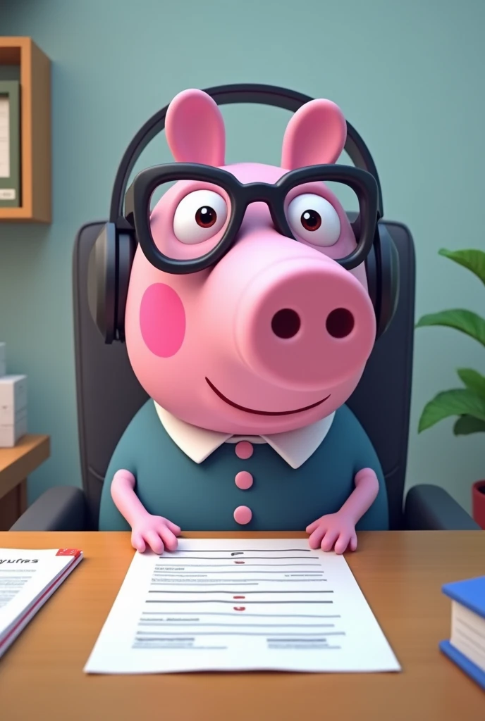 Peppa Pig at a desk with headphones and glasses reviewing some papers