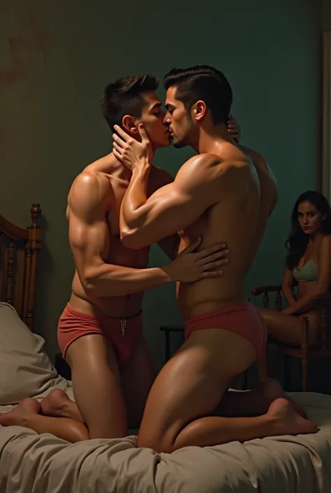 A very very thin teenage man kissing con la lengua a hombre very muscular and manly  macho mexicano man in underwear, Groping him and taking advantage of the muscular man on a bed and a woman watching with desire sitting on a chair