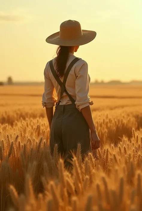 Young,thin, Farmer woman, in the wheat farm, from back and long distance, farmer hat, realistic, cinematic 
