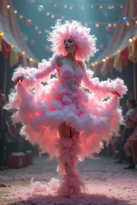 "Sideshow of a lady entirely made of cotton candy dancing without any facial features."