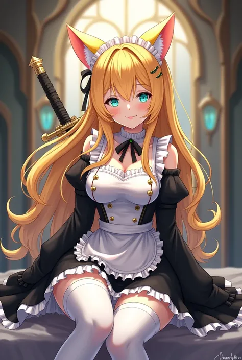 A fair skinned anime style girl with big attractive bust, with gold colored hair and medium green turquoise eyes with a shine, that has maid-servant attire, that has black and big sleeves, that she has white thigh-high stockings, that wears gold-colored fe...