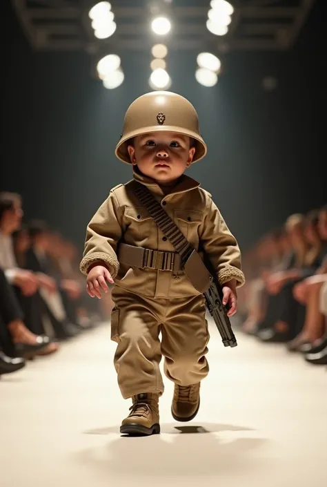 “A newborn baby wearing a miniature Egyptian military uniform, including a helmet and toy rifle, walking confidently on a fashion show runway. The uniform is beige camo, and the scene includes bright runway lights and an audience watching.”