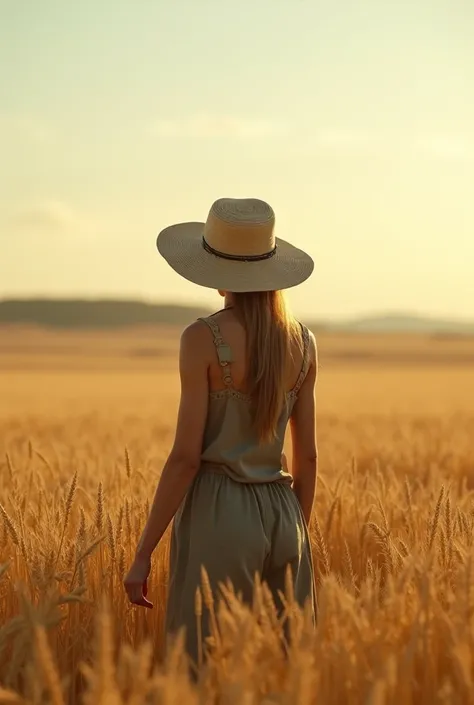 Young,thin, Farmer woman, in the wheat farm, from back and long distance, farmer hat, realistic, cinematic, landscape 
