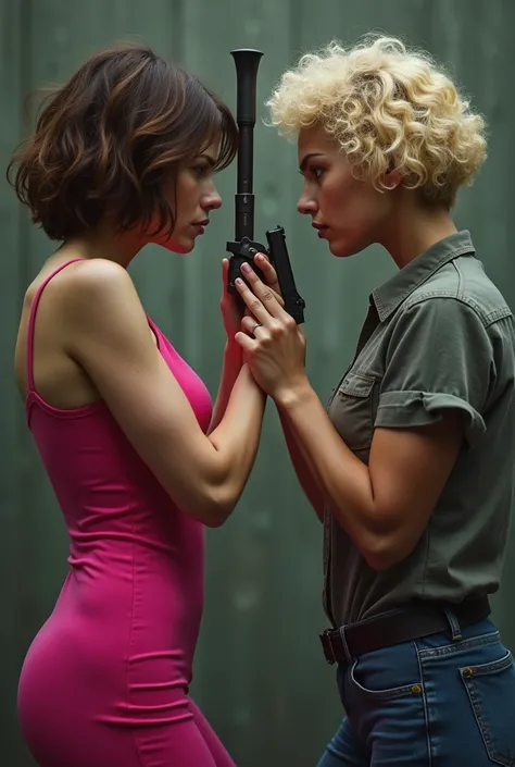 A sapphic couple: one is white with short, brown, layered hair, she is holding a hatchet. She wears a tight pink dress. The other girl has very short hair, curly and blonde, wears jeans and a dress shirt and holds a gun. theyre looking at each other