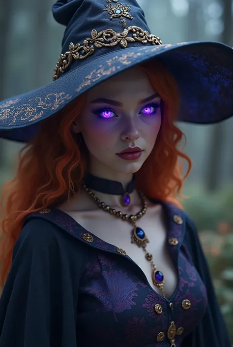 A ginger witch who has glowing purple eyes and a beautifully embroidered witch hat followed by exquisite jewellery 