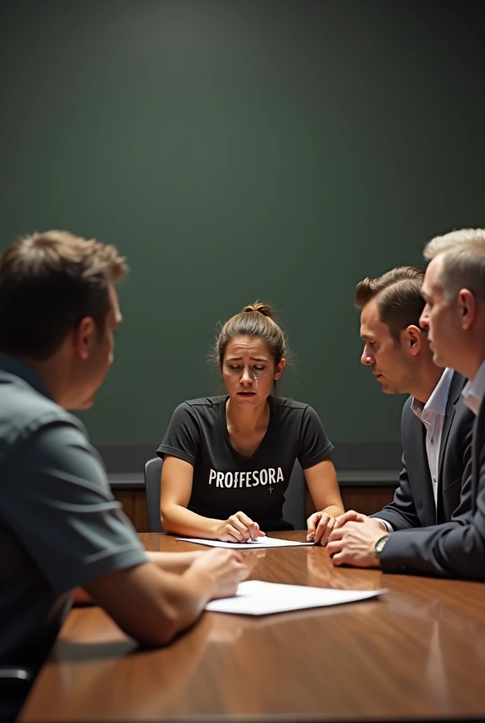 [Subject: negotiation table dividing upset gym teacher and indifferent businessmen] At the center of the scene is a negotiation table, clearly separating the two sides. On the left side of the table, a 2 physical education teacher with tan skin and tied-ba...