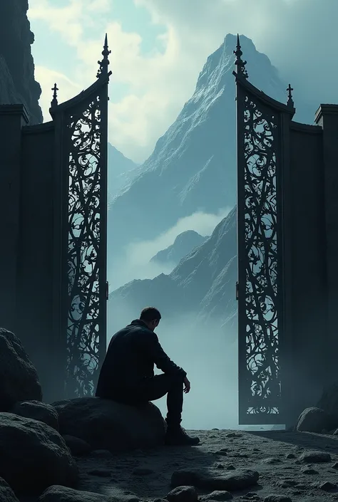 Shadow of a man sitting on a rock with head down position in front of a big closed iron gate with a background of mountains and clouds 