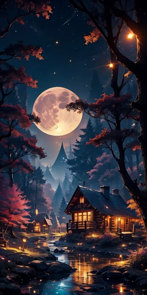 town, cabins, Magic Forest, night, 4K image quality, a stream, fireflies around, radiant full moon