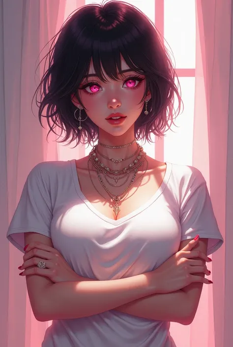 Screenshot of My hero academia: A very beautiful girl who seems to have the beauty of a divine Greek goddess, very beautiful, with beautiful short black hair and very beautiful beautiful pink eyes, she wore necklaces. and many earrings... navel piercing. w...