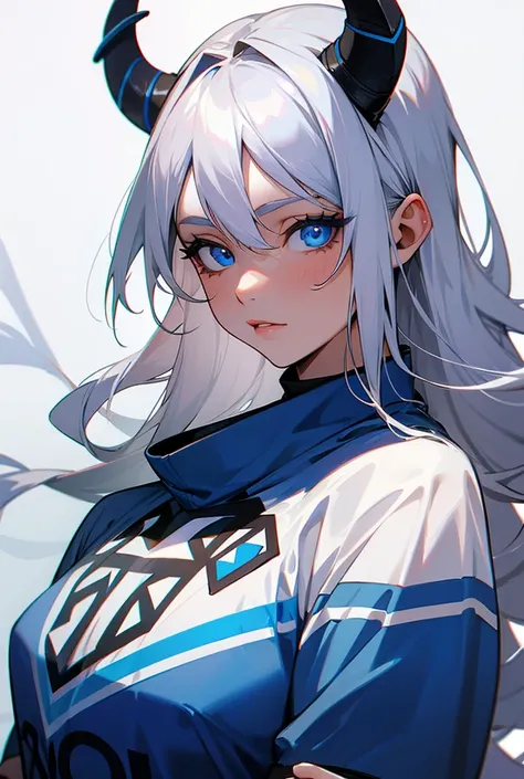 White girl, silver hair, with horns, blue eyes and Argentine national team shirt 