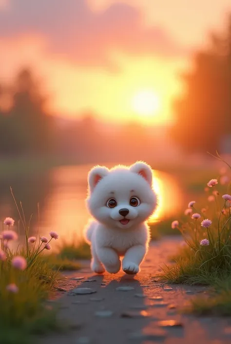 Mini fluffy white pinche dog　sunset　bank　walkin　It looks great