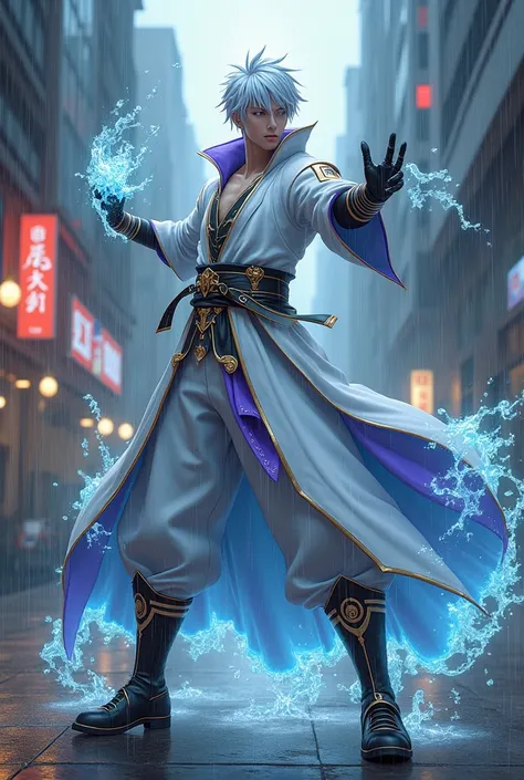 man
similar to alucard of symphony of the night game
he makes cuts with the water
urban reign shinkai
hair of ichimaru gin of bleach anime
white clothing with blue, gold and purple details
gloves black with rectangular detail white
black ankle boots with g...