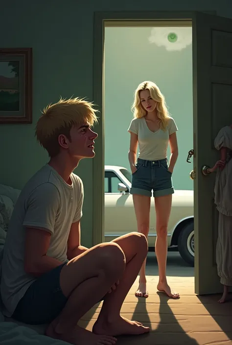 Young blonde, wearing a t-shirt and jean shorts, is crying in his room with his white and caramel car Apolonio. a blond air force general, high, with green eyes and a stern expression, is standing in the doorway of her room, holding a key in hand.