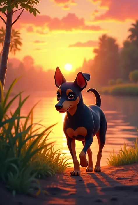 Miniature Pinscher　sunset　bank　walkin　It looks great