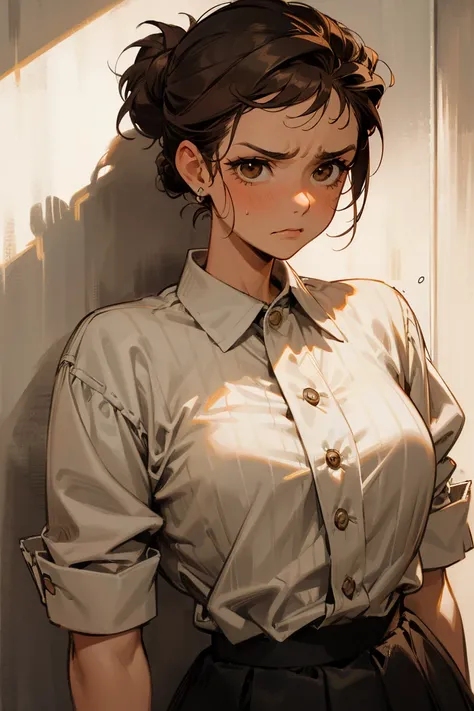 1female, messy updo, brown eyes, annoyed expression, 50s style clothing