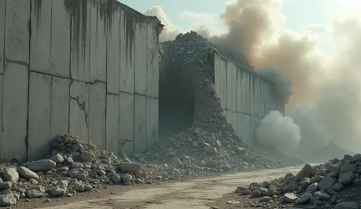 A crumbling concrete wall, massive chunks of debris falling to the ground, dust clouds billowing, rubble scattered, dramatic lighting, cinematic composition, dystopian atmosphere, muted color palette, gritty realism, highly detailed, 8K, masterpiece, ultra...