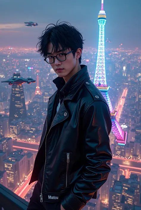 Futuristic cityscape with holographic neon lights lighting up the sky, reflected from glass skyscrapers. ((Highest quality)), ((masterpiece)), (detail), (High altitude shot from the top of the Eiffel Tower), Full body image, man with glasses from Indonesia...