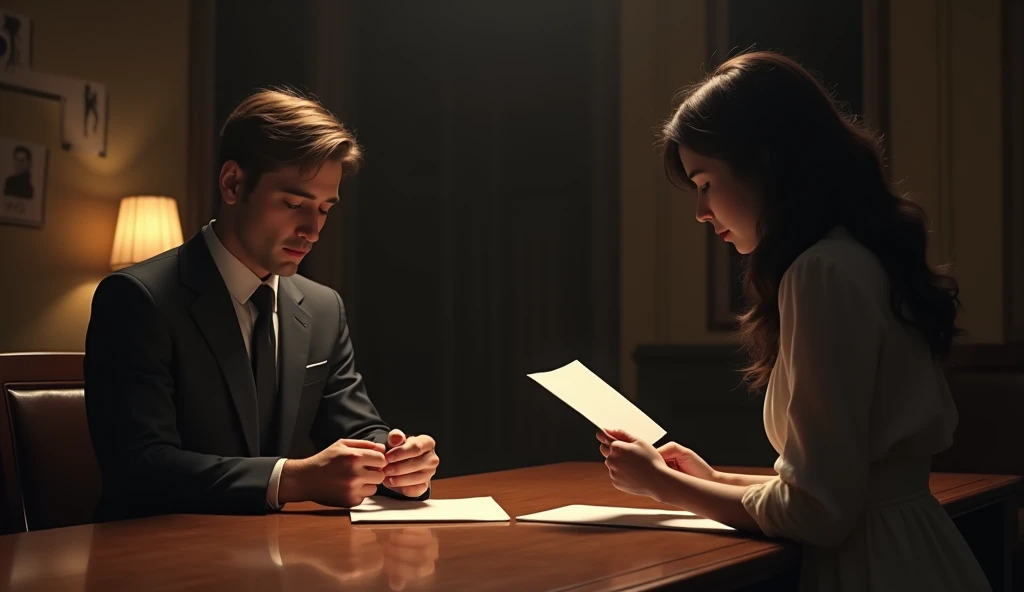 A 3 man with light brown hair, styled neatly, sits at a large wooden table in a dimly lit, elegant room. His hands hold a letter, slightly trembling as he reads it, his expression filled with quiet contemplation and sadness. His warm brown eyes are distant...