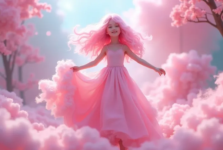 
"A whimsical girl made entirely of pink cotton candy, dancing gracefully. She has a flowing pink dress and fluffy pink hair, with no facial features. The background is vibrant and colorful, enhancing the magical, playful essence of the scene."