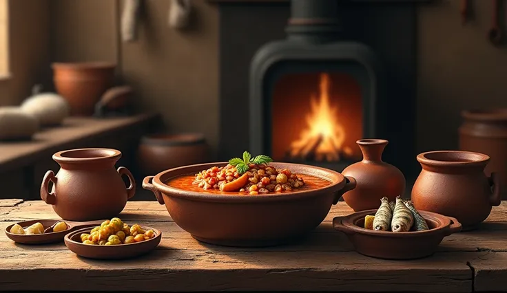 Old Russian cuisine with kalya:

Interior of an ancient Russian kitchen. On the table there is a large clay bowl with kalya (ancestor of rassolnik), fish and pickles in ceramic pots. There is a Russian stove in the corner, from which warmth emanates. The l...