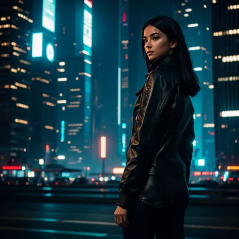 a person standing in the foreground of a beautiful city at night is blurred with a very beautiful face,The woman appears to be wearing a black jacket with a leather-like design and has white clothing visible underneath.. The background depicts a futuristic...