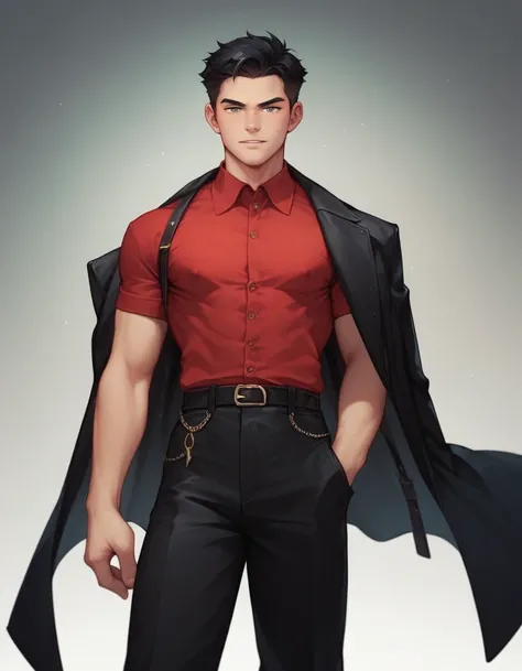  human Male Young  , Black Hair Style ,Red shirt , Detective Black Coat  ,