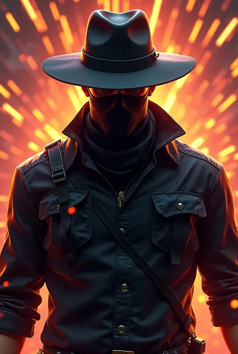 A male character from free fire with a black hat, black mask, black shirt with a background full of shiny rays
