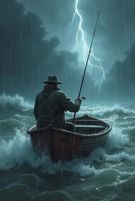 fisherman in a storms situation lake