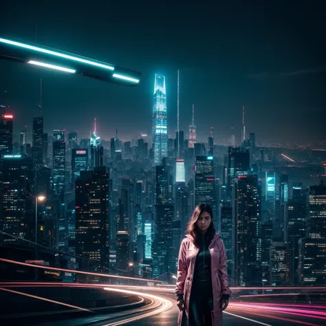 a person standing in the foreground of a beautiful city at night is blurred with a very beautiful face,The woman appears to be wearing a pink jacket with a leather-like design and has white clothing visible underneath.. The background depicts a futuristic ...