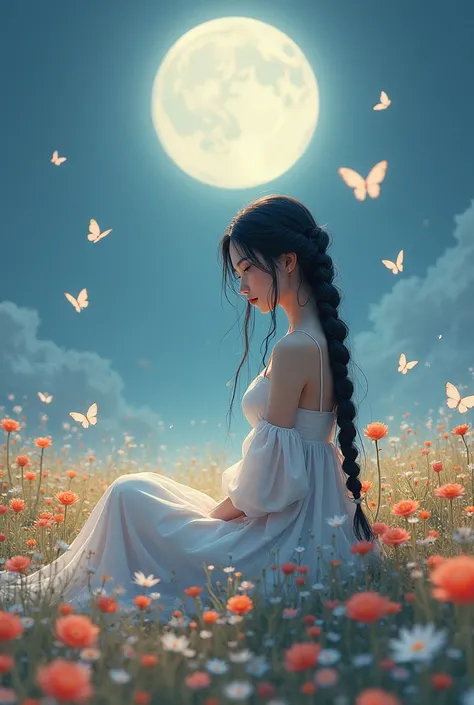 A girl with a long black braided hair wearing white dress, sitting in the middle of flowers field surrounded by butterflies. The background is moonlight.