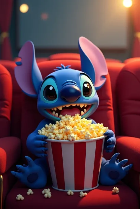 Stitch au cinéma qui regarde un film et qui mange du pop-corn