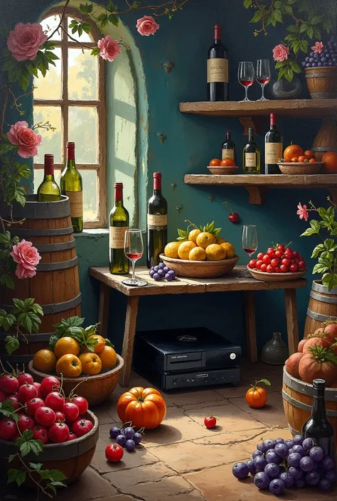 impressionist painting, wine cellar, 
xbox console, fruits, flores, video game characters,
