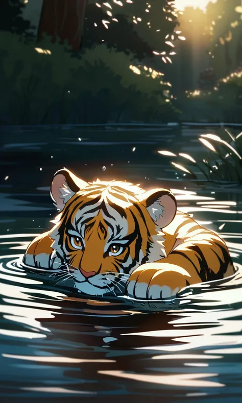 A tiger slips and falls into the lake while trying to drink water. His paws are struggling in the water.