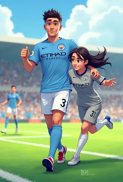 man city kit name Fiker number 3 with girl animate from behind