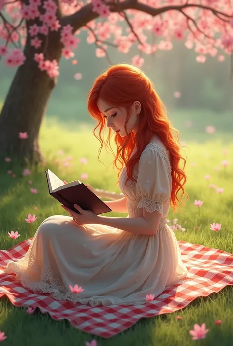 redheaded woman in a romantic dress, sitting on a checkered sheet on the grass, reading a book among trees with pink flowers. Hyper realistic.