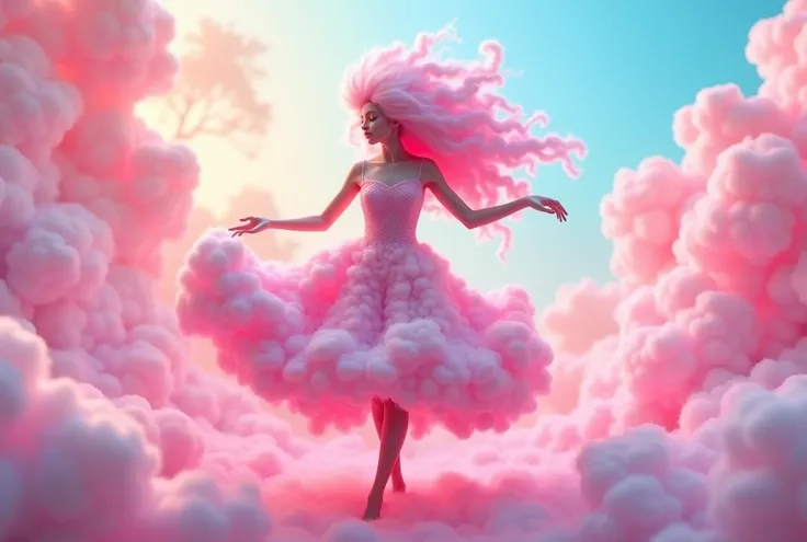 Here’s an updated prompt without any natural skin tone:

"A whimsical girl made entirely of pink cotton candy, dancing gracefully. She has a flowing pink dress and fluffy pink hair, with no facial features or natural skin tones. The background is vibrant a...