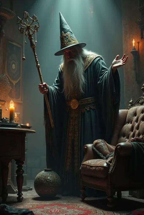 Scene from a swindler wizard, Scamming a client in need of spiritual help in a realistic image current to the modern era 