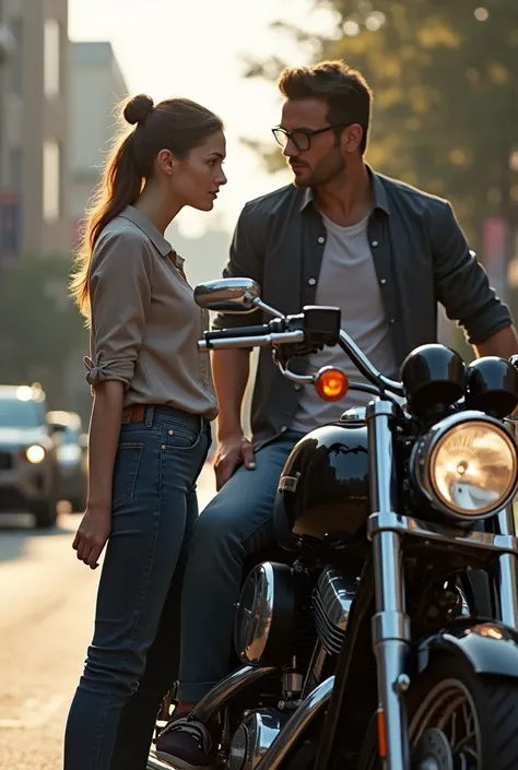 A man seeing Girl standing beside the bike of her boyfriend
