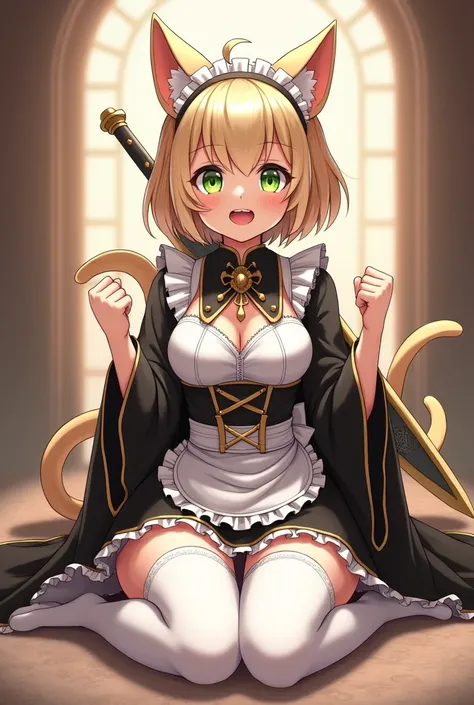 A fair skinned anime style girl with big attractive bust, with short beige hair and medium lime green eyes with a shine, that has maid-servant attire with gold finishes, that has big black sleeves, that she has white thigh-high stockings, that wears fluffy...