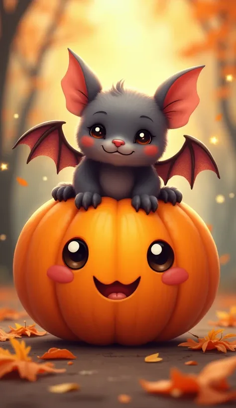 A little kawaii pumpkin with its little bat

